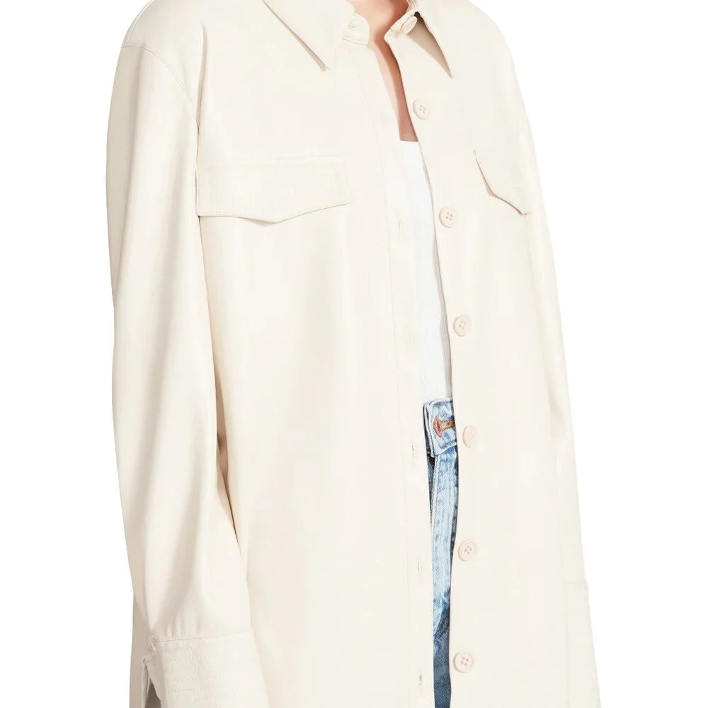 Faux Leather Button-Up Shirt Oatmeal /Cream Small - Picture 3 of 7